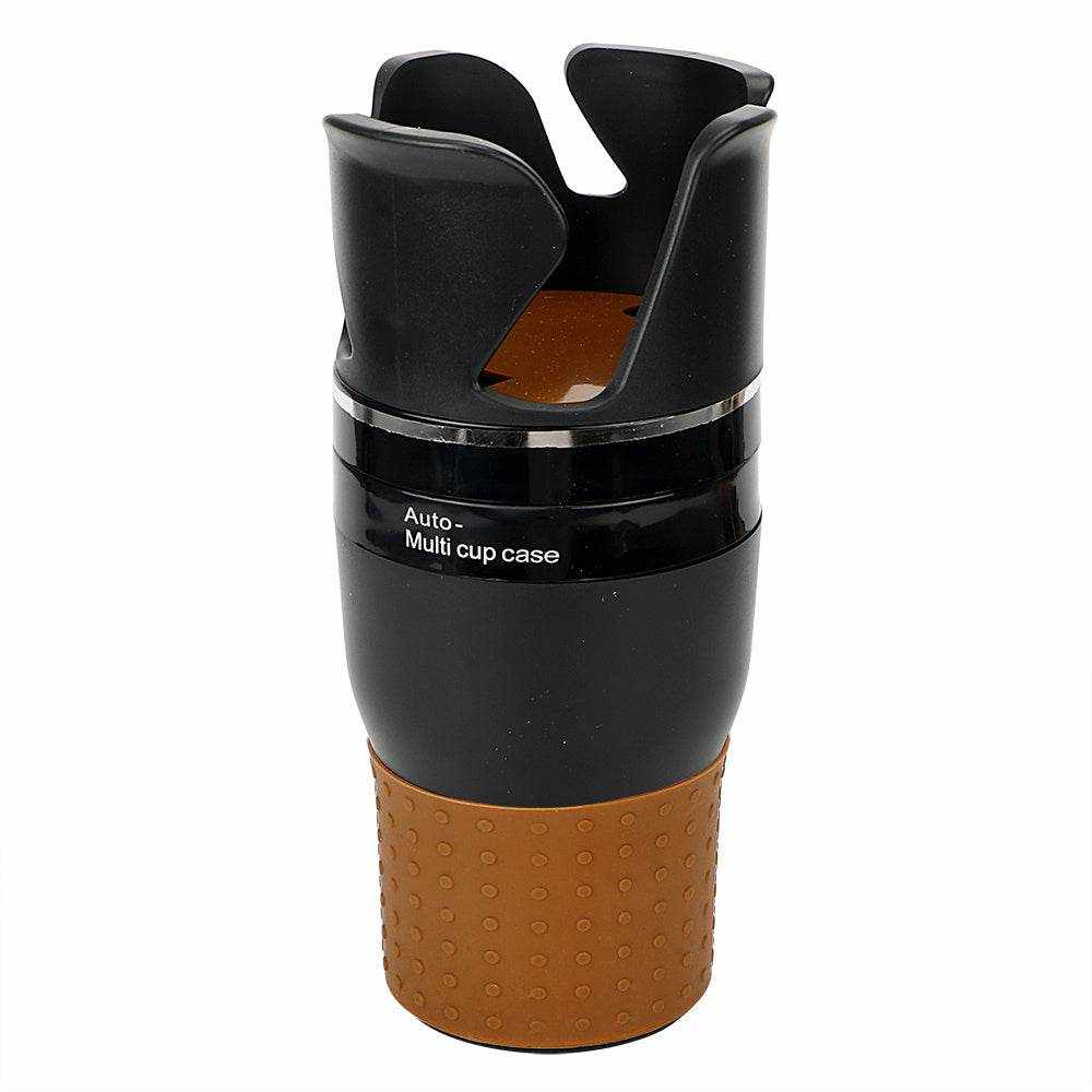 Black and brown multi-angle rotating car cup holder with rubber grip for drinks and small items