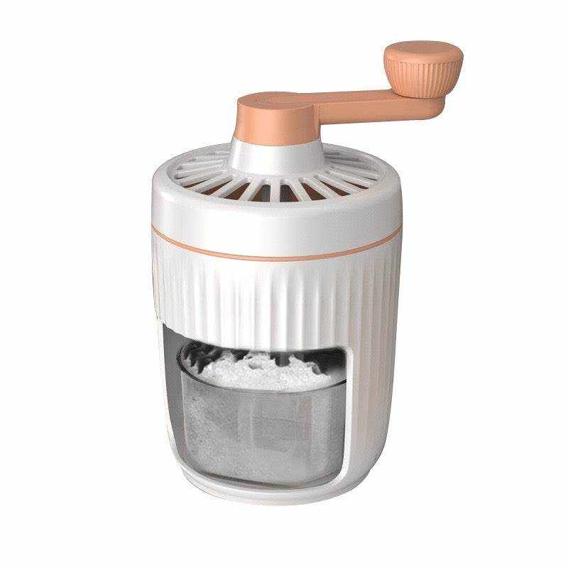 Compact handheld hand-cranked ice shaving machine in white and peach for making shaved ice and slushies at home or outdoors