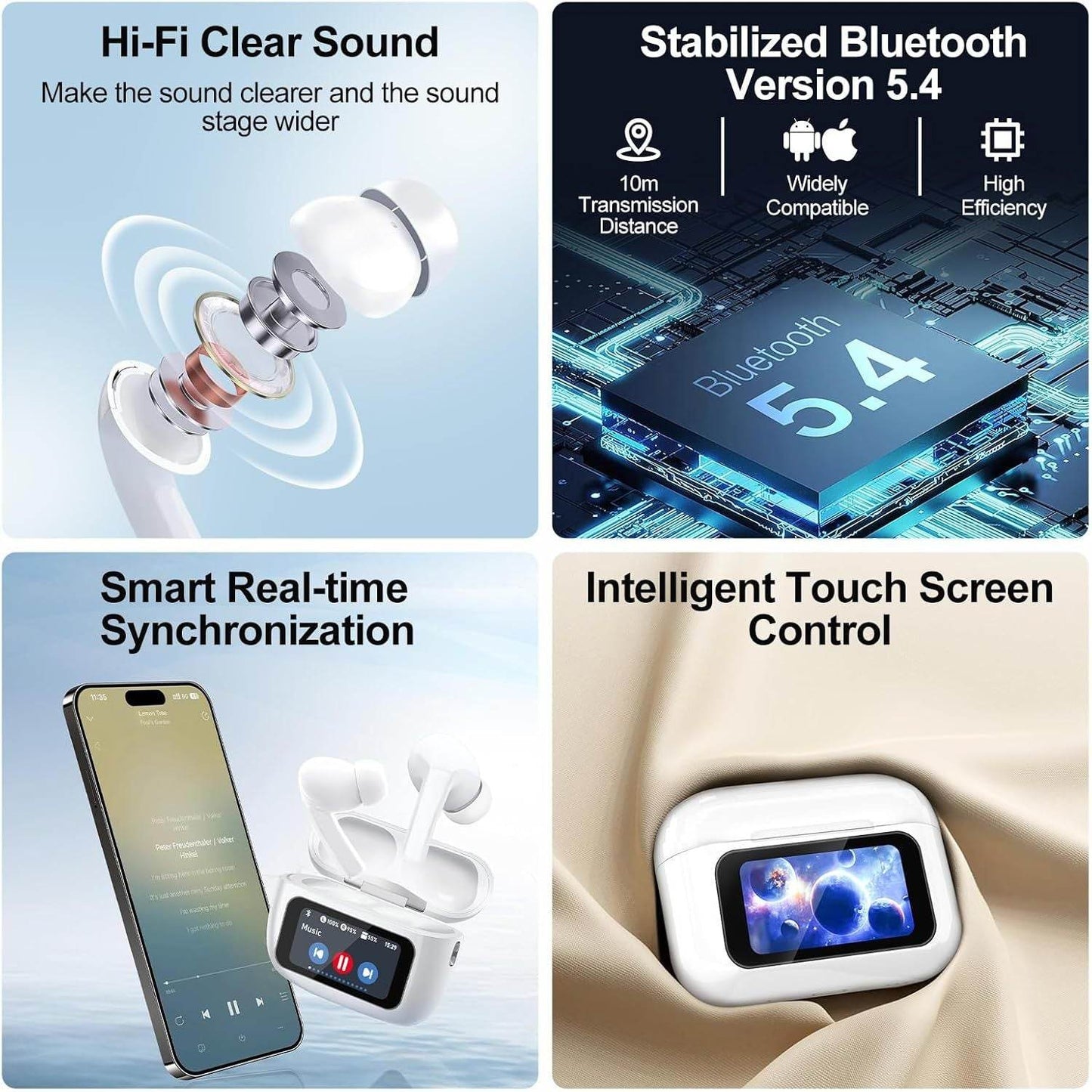 Wireless Earbuds, 5.4 Bluetooth Headphones With Touch Screen Ear Buds, ANC ENC Noise Cancelling Earbuds Headphones With Microphone, Wireless Bluetooth In Ear Earphones For Android IOS Phones - TechNest Accessories