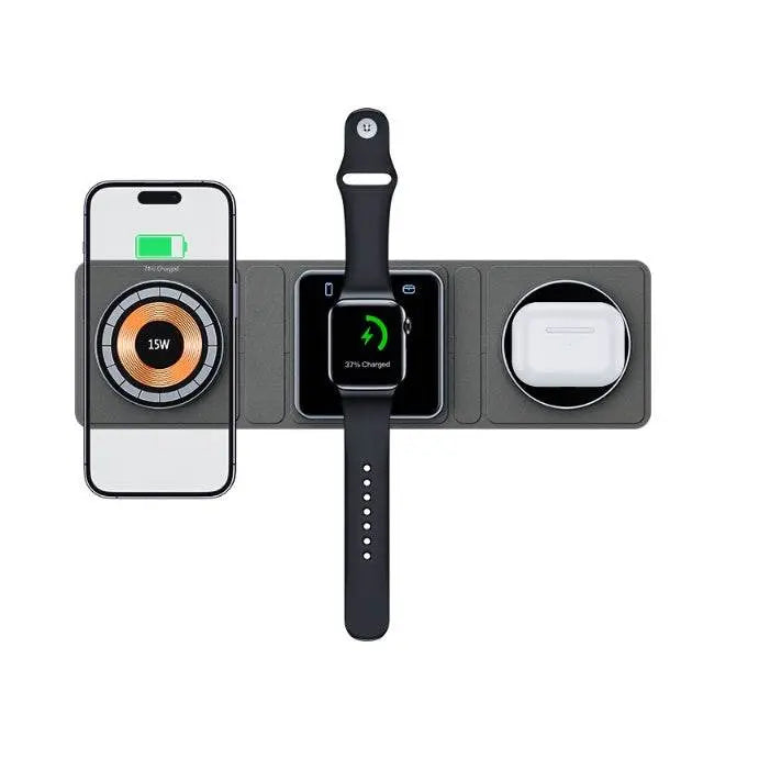 3-in-1 wireless charger station fast charging iPhone, Apple Watch, and AirPods displayed on black charging pad