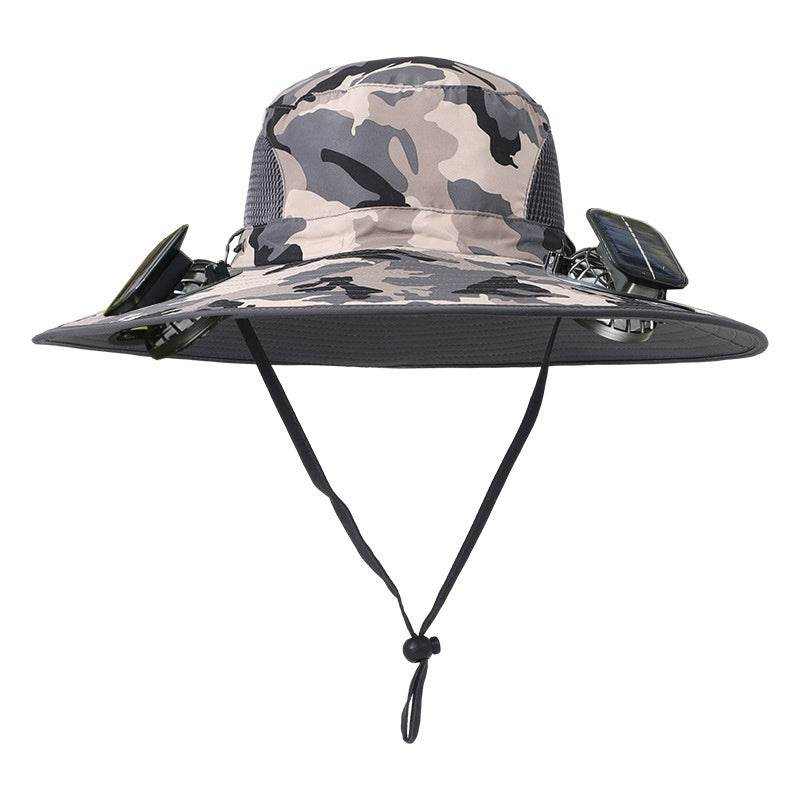 Camouflage outdoor wide brim sun hat with built-in solar fan and adjustable chin strap for sun protection and cooling.