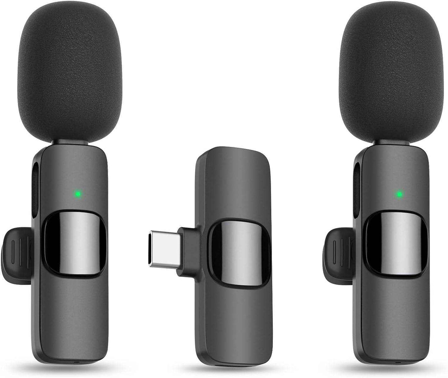 Wireless lavalier microphone set with USB-C receiver for iPhone 15 and 16, rechargeable and professional quality audio recording device.