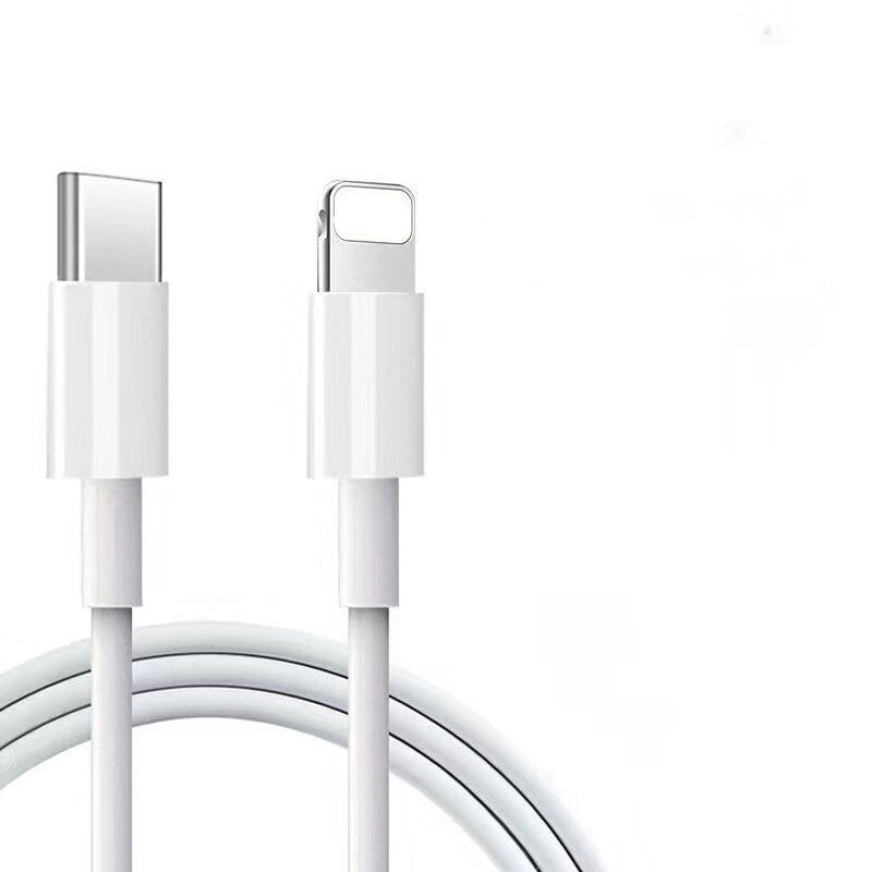White charging cable with USB-C and Lightning connectors on a white background