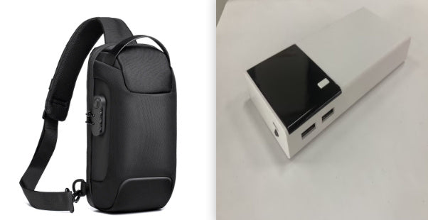 Black sling bag on the left and power bank on a white surface with packaging on the right.