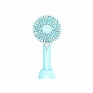 Mini handheld desktop fan in light blue, portable and silent electric design for personal cooling