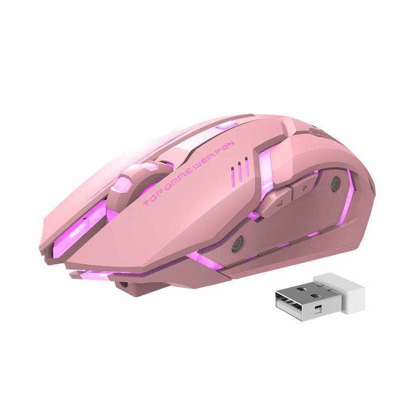 Wireless charging silent gaming mouse in pink with ergonomic design and USB receiver