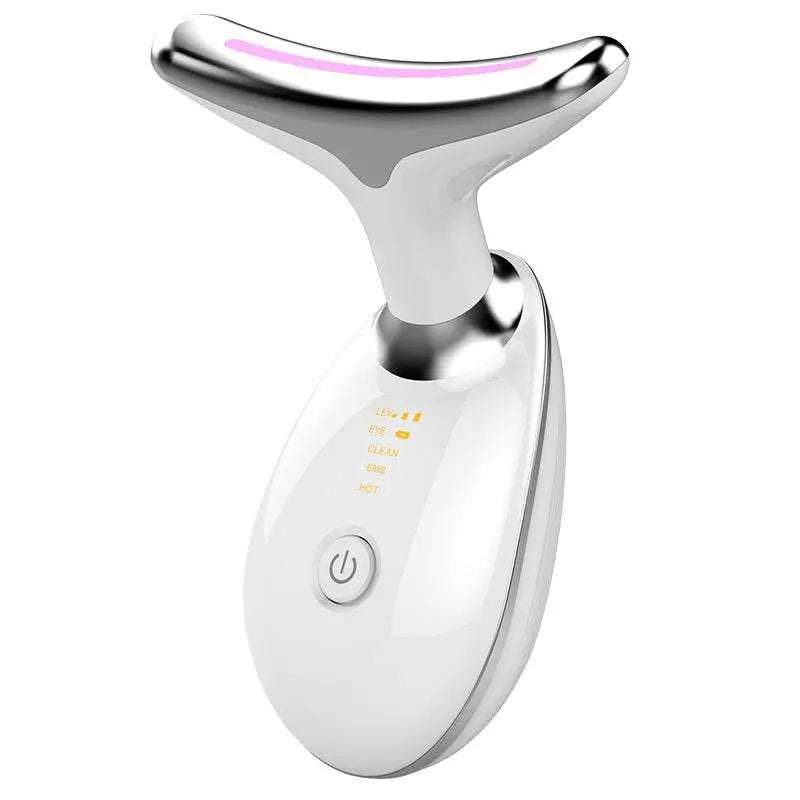 White EMS thermal neck massager with electric microcurrent wrinkle remover and LED display.