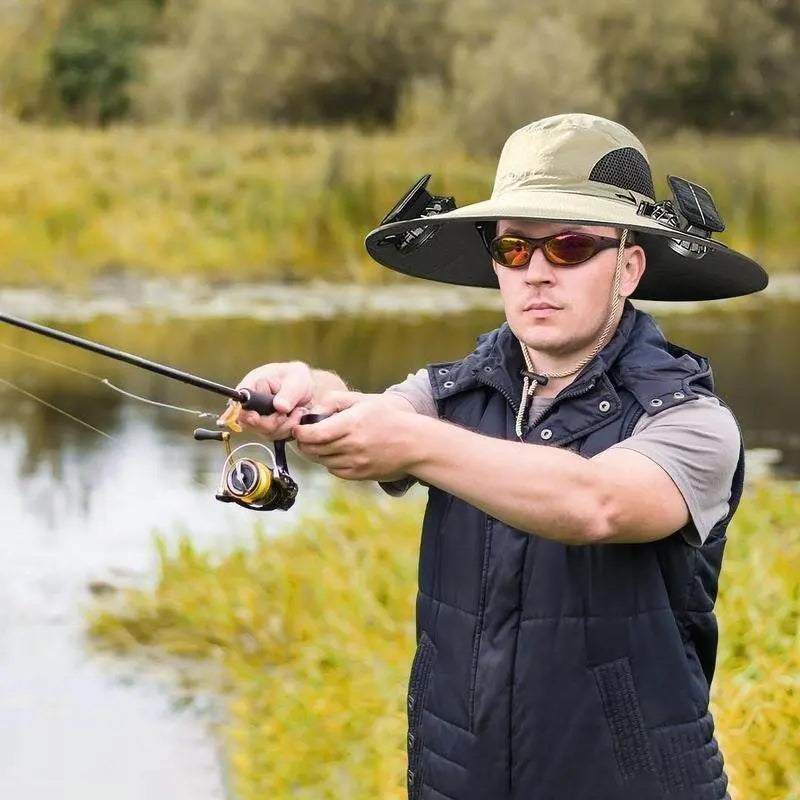Man fishing outdoors wearing 2025 new solar fan outdoor fishing hat with built-in solar-powered fans for sun protection