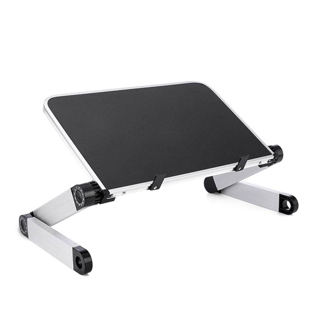 Foldable laptop stand with adjustable 360-degree angle, ergonomic aluminum design for desk and tablet use