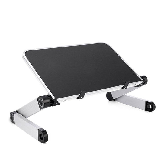 Foldable laptop stand with adjustable 360-degree angle, ergonomic aluminum design for desk and tablet use