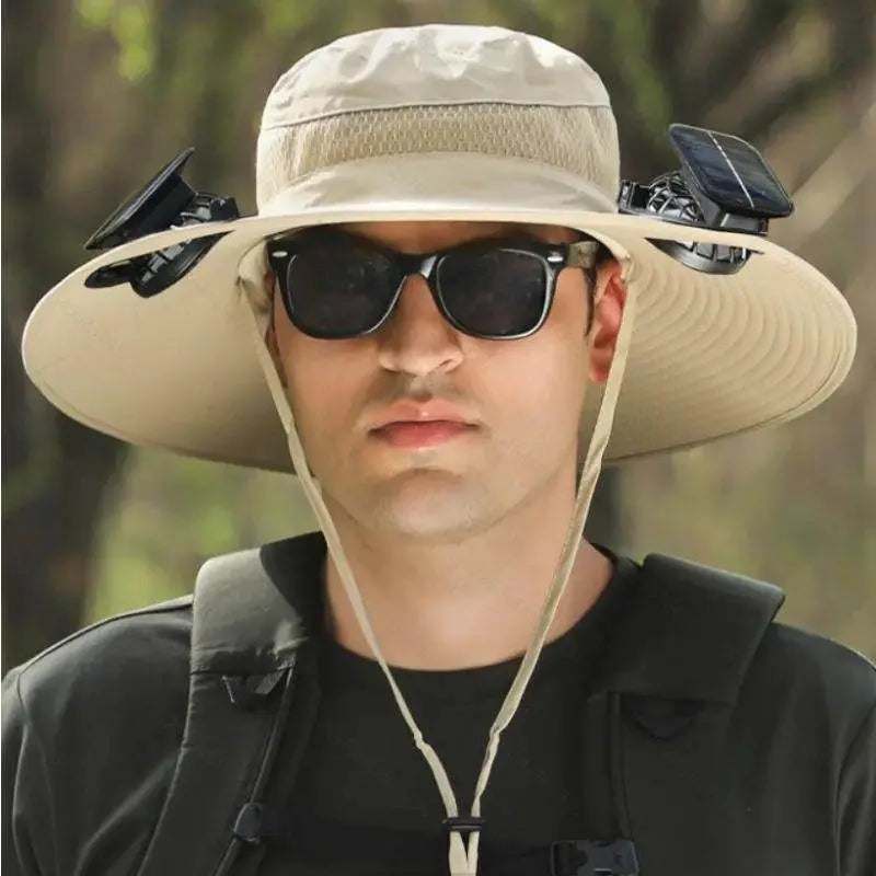 Man wearing 2025 new solar fan outdoor fishing hat with solar panels on wide brim and sun protection cloth material