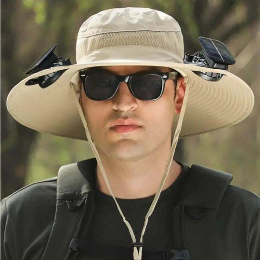 Man wearing 2025 new solar fan outdoor fishing hat with solar panels on wide brim and sun protection cloth material