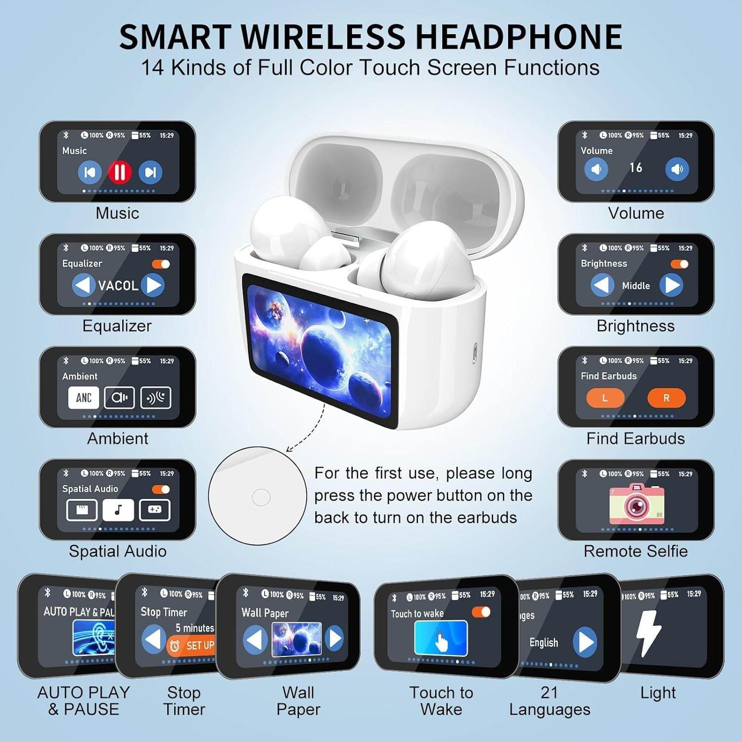 Wireless Earbuds, 5.4 Bluetooth Headphones With Touch Screen Ear Buds, ANC ENC Noise Cancelling Earbuds Headphones With Microphone, Wireless Bluetooth In Ear Earphones For Android IOS Phones - TechNest Accessories