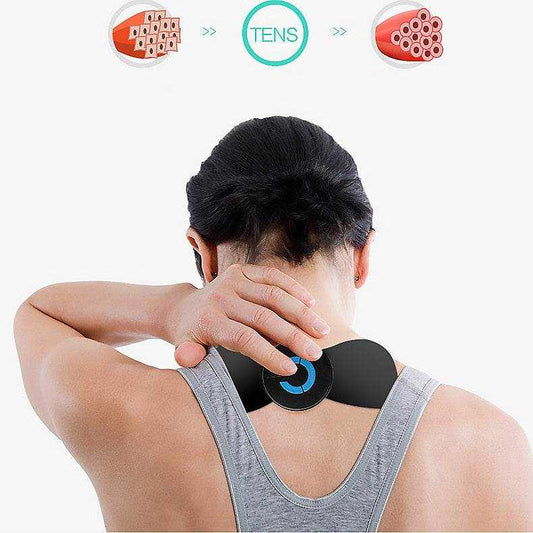 Person using cervical massage paste EMS neck and shoulder massager for physical therapy and pain relief