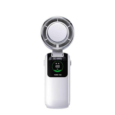 White portable neck fan with ice pack cooling and digital display, USB powered, multiple speed modes