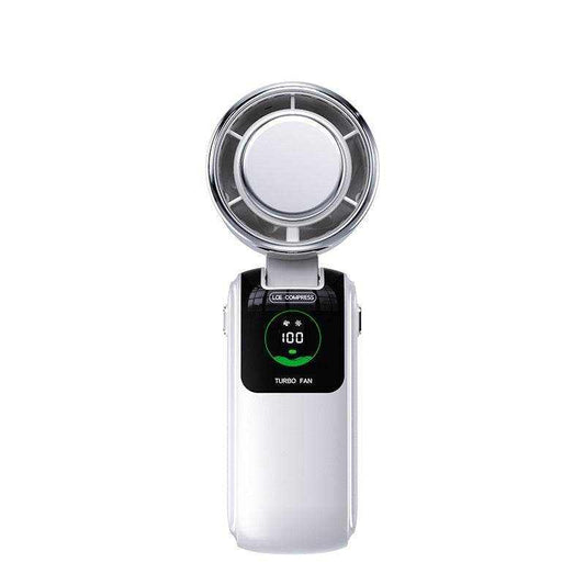 White portable neck fan with ice pack cooling and digital display, USB powered, multiple speed modes