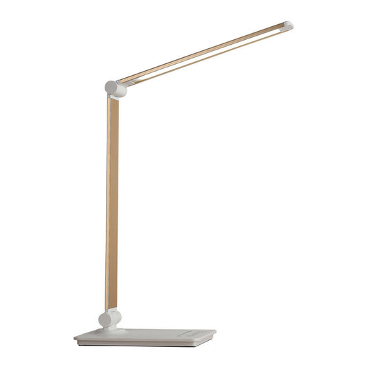 Modern desk lamp with wooden arm and white base on a white background