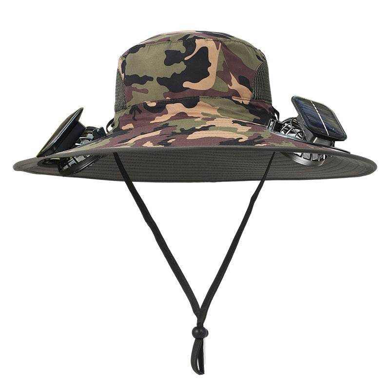 Camo outdoor wide brim sun hat with built-in solar fan and adjustable chin strap for cooling and sun protection