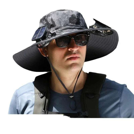 Man wearing outdoor wide brim sun hat with solar fan and sunglasses, designed for sun protection and cooling