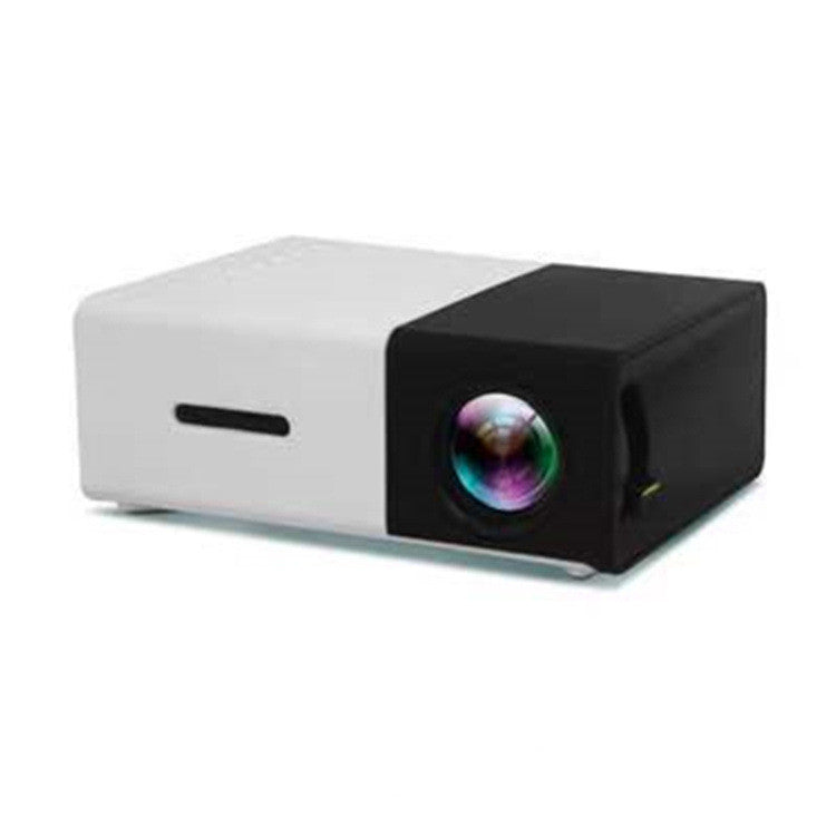 Small projector with a white body and black front on a white background