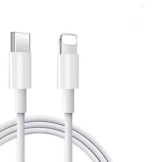 White charging cable with USB-C and Lightning connectors on a white background