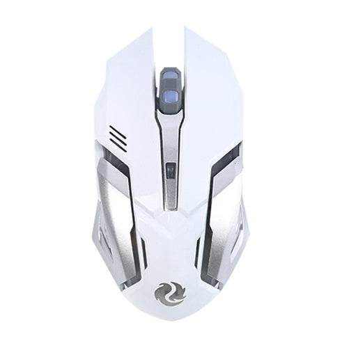 Wireless charging silent gaming mouse with ergonomic design and precise tracking in white and silver colors