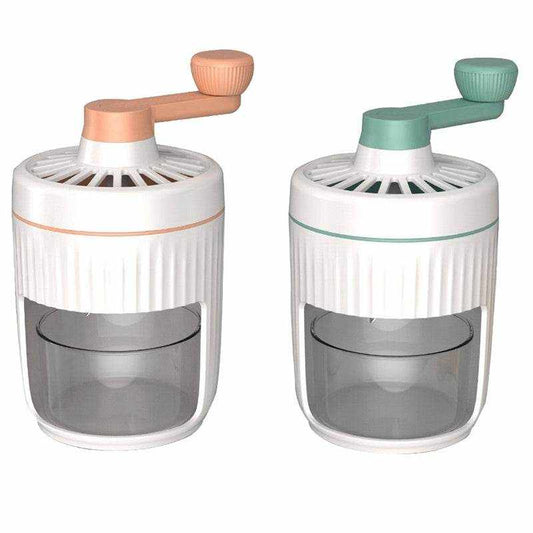 Two compact hand-cranked ice shaving machines in green and orange with transparent containers.