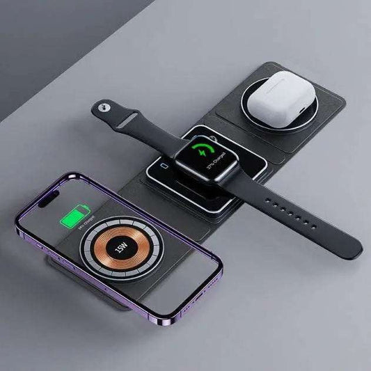 3-in-1 Wireless Charger charging iPhone, iWatch, and AirPods fast and wirelessly